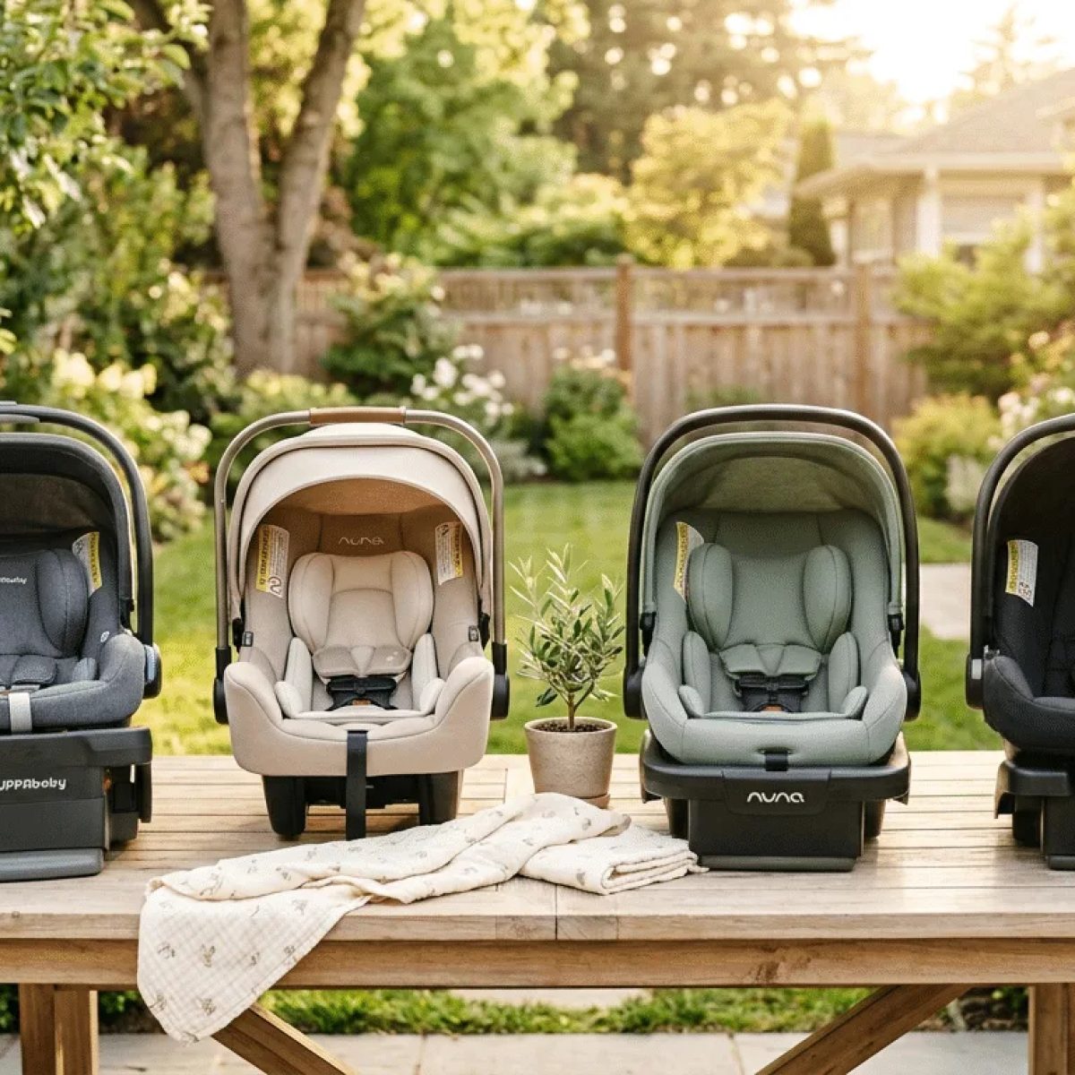 Infant car seats side by side on a table, comparing carry handles and bases