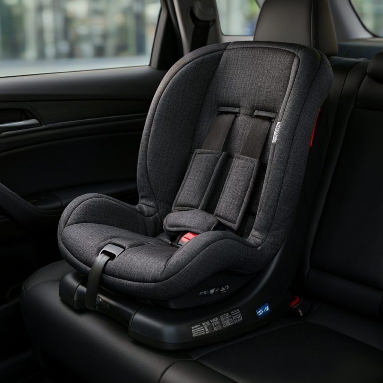 Booster car seat installed on the rear bench seat of a car