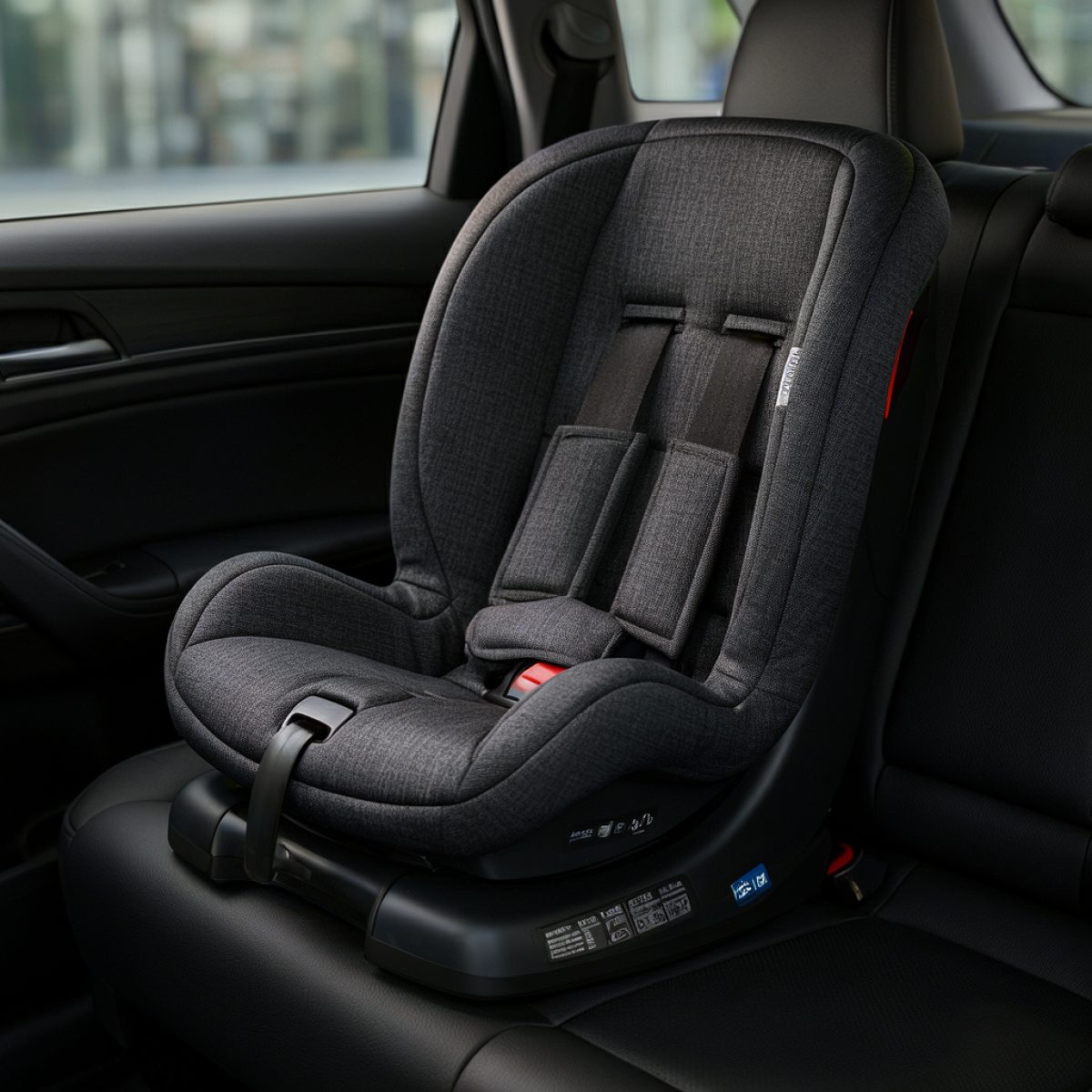 Booster car seat installed on the rear bench seat of a car