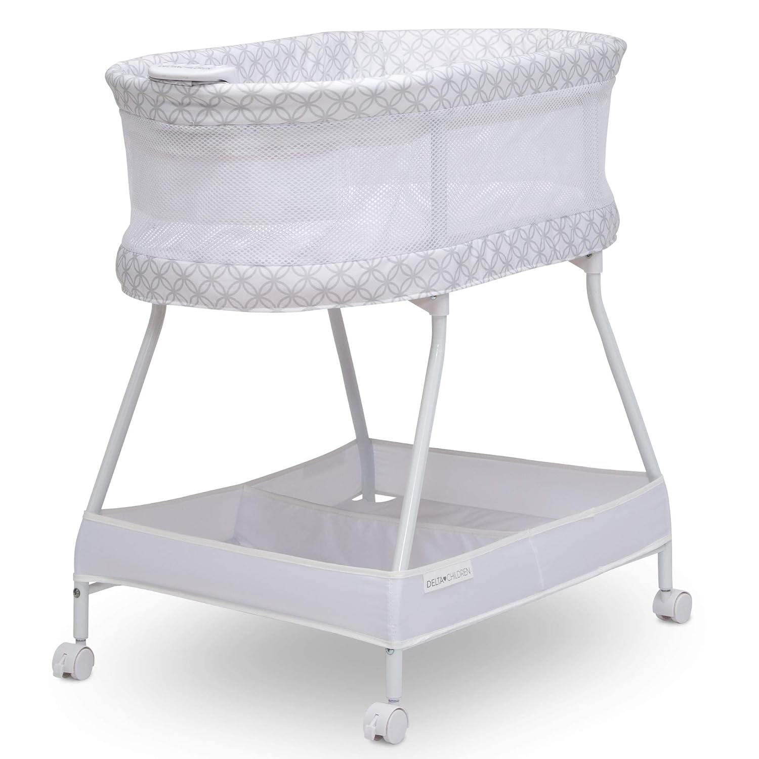Delta Children Sweet Dreams Bassinet — Mesh sides, with built-in sound and light, from an established name.